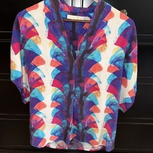 Marie Oliver Women's‎ Silk V-neck SS Blouse XS Oversize Colorful Bright Flowy